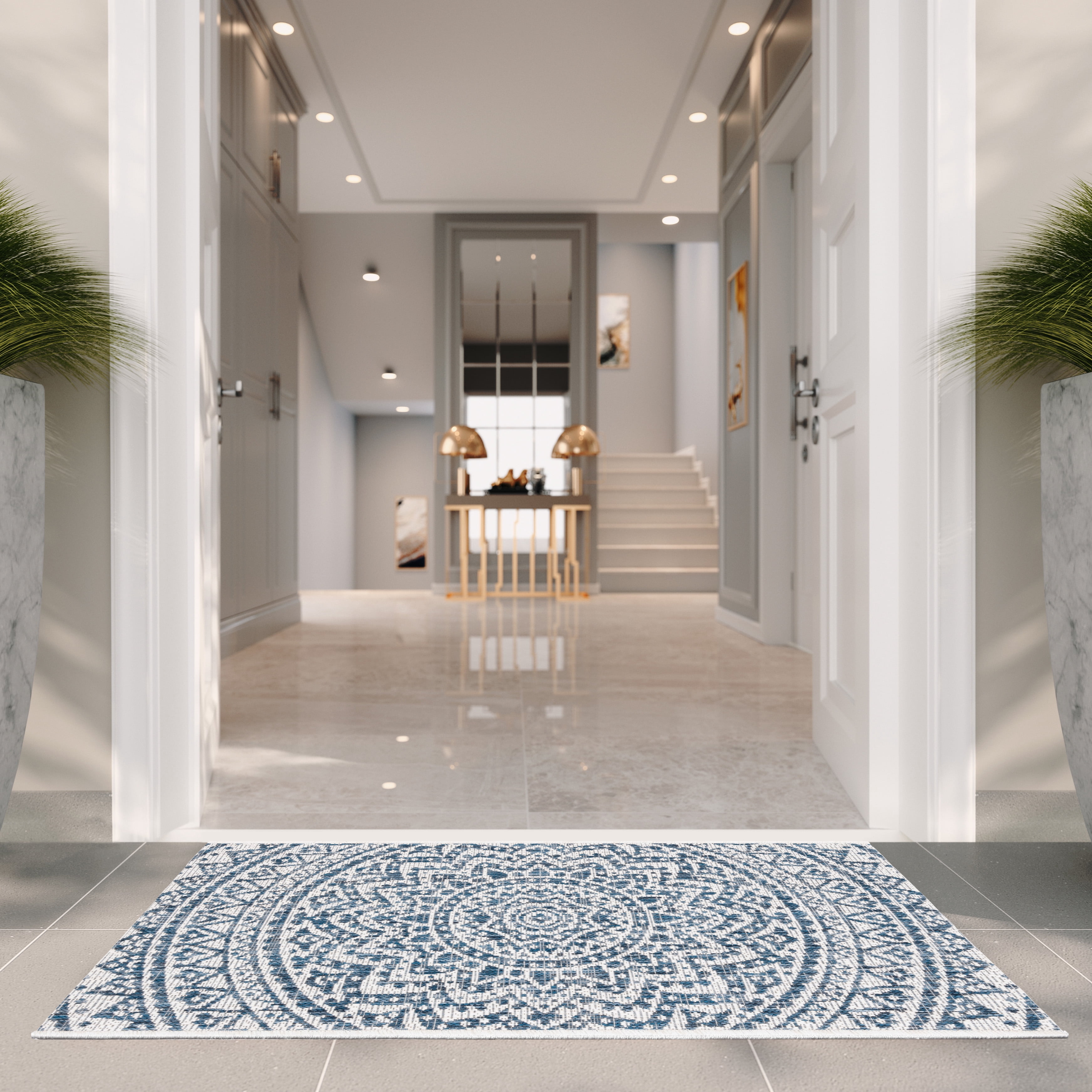 SAFAVIEH Courtyard Josiah Floral Medallion Indoor/Outdoor Area Rug, Ivory/Navy, 7'10" x 7'10" Square