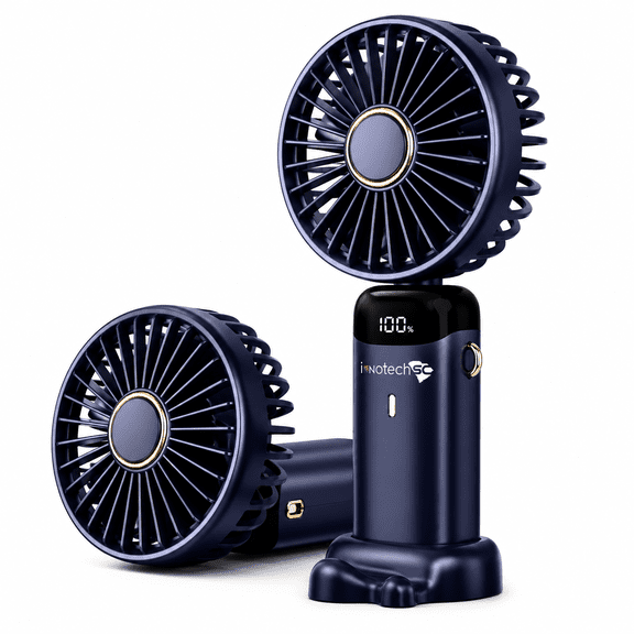 InnotechSC Portable Handheld Fan, 4000mAh Battery Operated 3 in 1 Multifunction Personal Travel Fan with Digital Display, 90° Foldable Desk Fan with Base, 5 Speed Lash Fan
