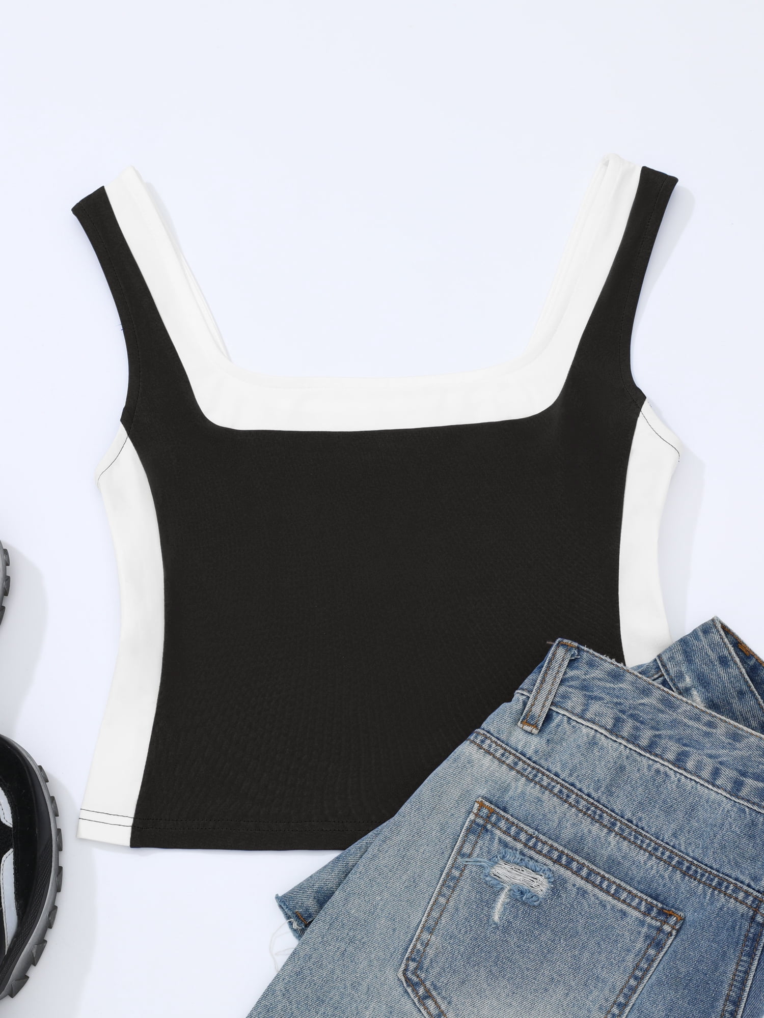 DARING DIVA Women's Crop Square Neck Slim Fitted Color Block Yoga Shirts XL Black