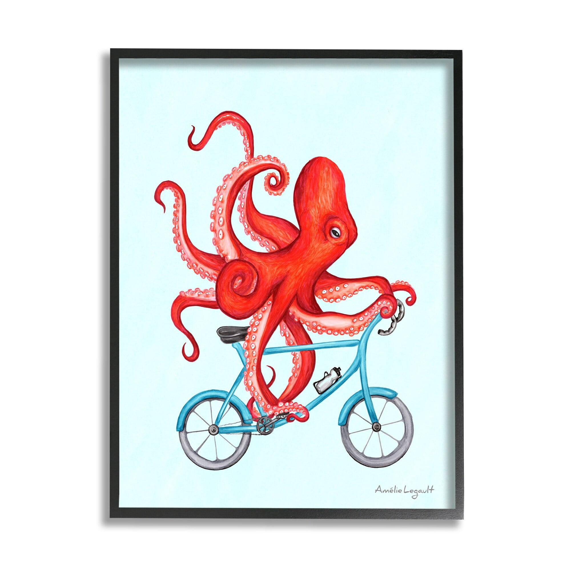 Stupell Industries Red Octopus Tentacles Riding Blue Bike Bicycle Graphic Art Black Framed Art Print Wall Art, Design by Amelie Legault