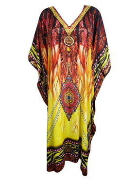 Mogul Womens Vibrant Tunic Caftan Jewel Print Kimono Comfy Summer Caftan Dress One Size