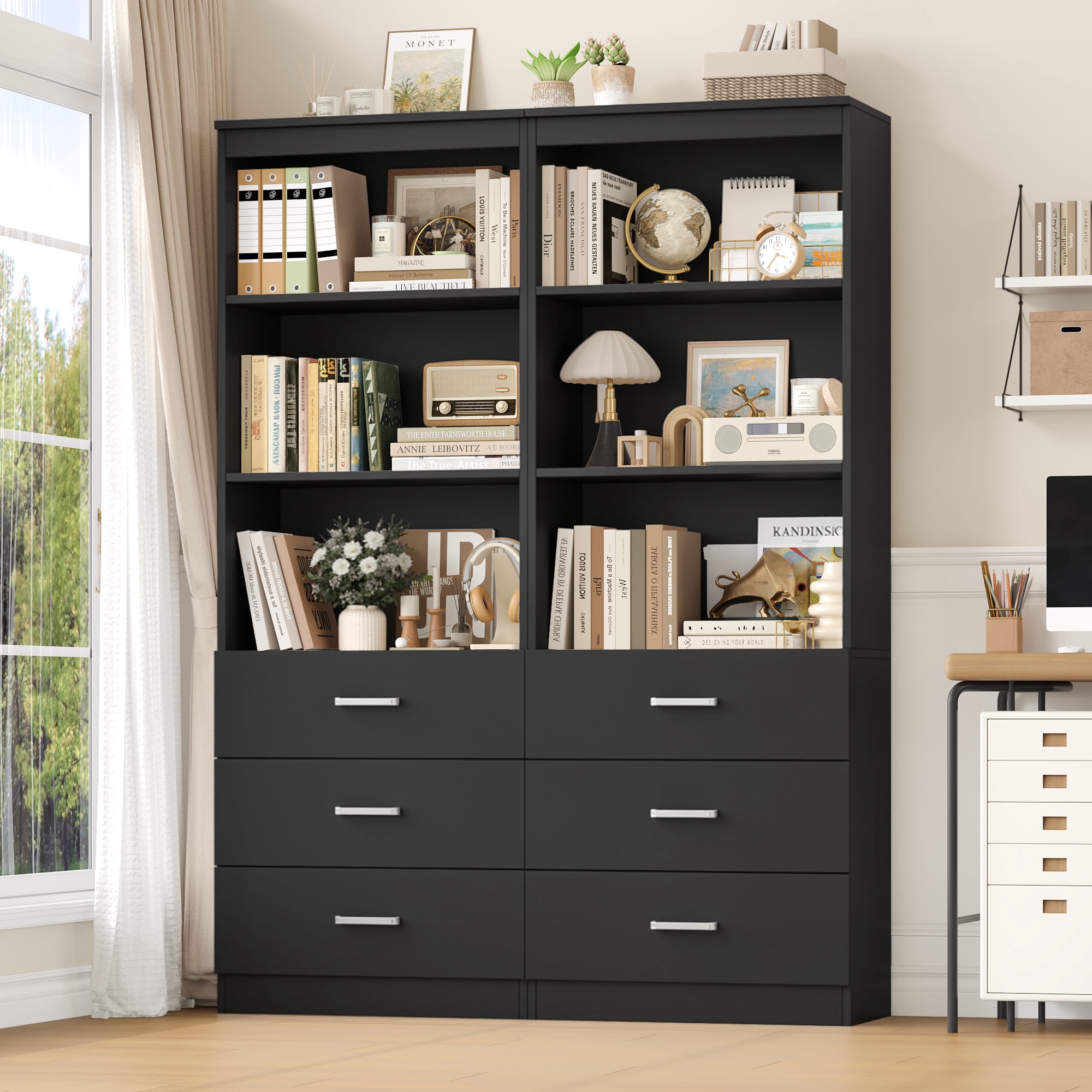 Homfa 71" Tall Bookcases with 3 Large Drawers & 3 Shelves, Wooden Bookshelf for Living Room Office, Black