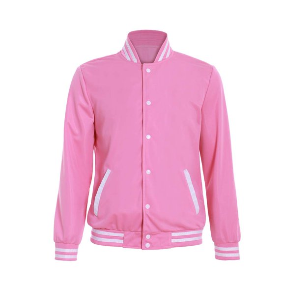 Men's Pink Baseball Jacket Button up Varsity Coat School Uniform Sportswear Casual Top