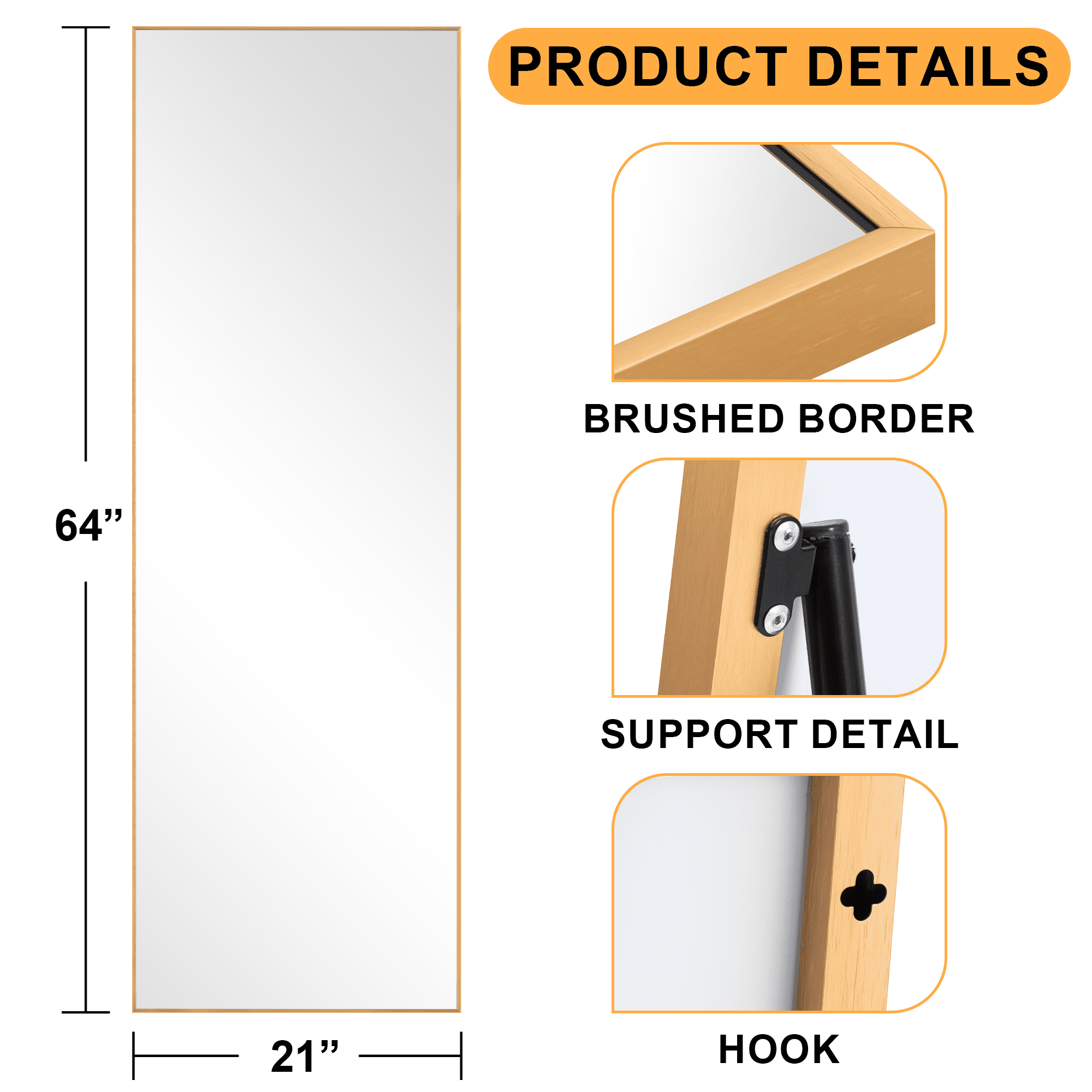 MAYEERTY 64"x 21" Metal Framed Rectangle Floor Mirror, Full Length Mirror with Free Standing, Bedroom Mirror