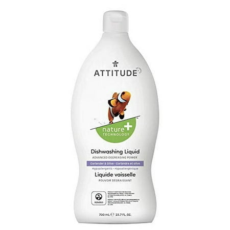 ATTITUDE Dishwashing Liquid, EWG Verified, Vegan Dish Soap, Plant Based, Naturally Derived Products, Olive and Coriander, 23.7 Fl Oz