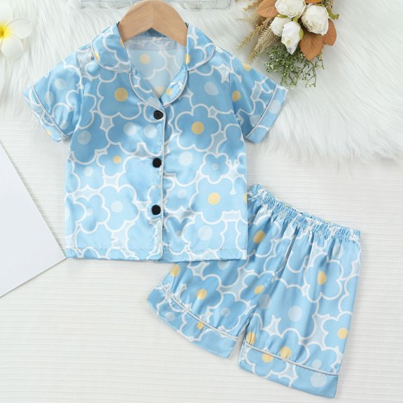 Conairie Button Down Outfit for Girl Set Flower Print Short Sleeve Collar Top and Shorts Pj Set Kids Soft Loungewear Two Piece Sleepwear Sets Blue 2-3 Y