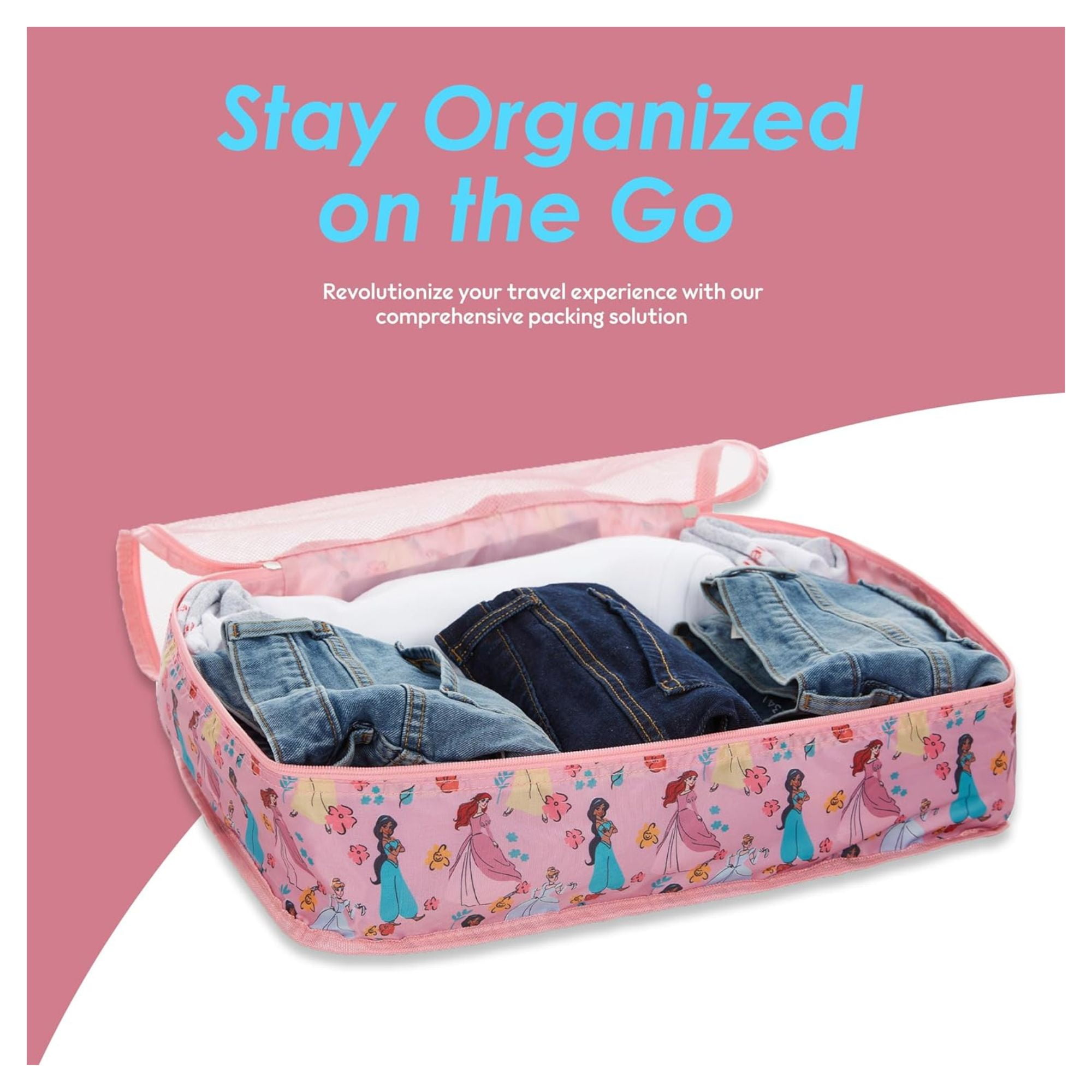 Disney Princess Packing Cubes, 5 Piece Organizer Set Travel Essentials Bags for Kids and Adult Pink