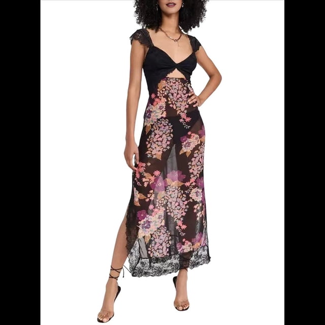 Vestidos Largos de Verano Y2K con Encaje, Retazos, , Estampado Floral, Escote Corazón, Espalda Descubierta y Abertura para Mujer Negro S
