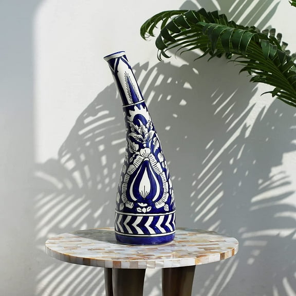 India Meets India Ceramic Flower Vase [Blue], Decorative Curved Flower Vase for Home Décor/Living Room/Office/Table Top/Dining Area and Windowsill Décor, 12 INCHES