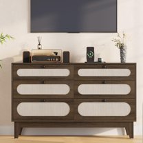 Senfot 6 Chests of Drawers Storage for Bedroom, Rattan Drawer Dresser, with USB Ports and Outlets, Rattan Storage Dresser for Living Room,Brown