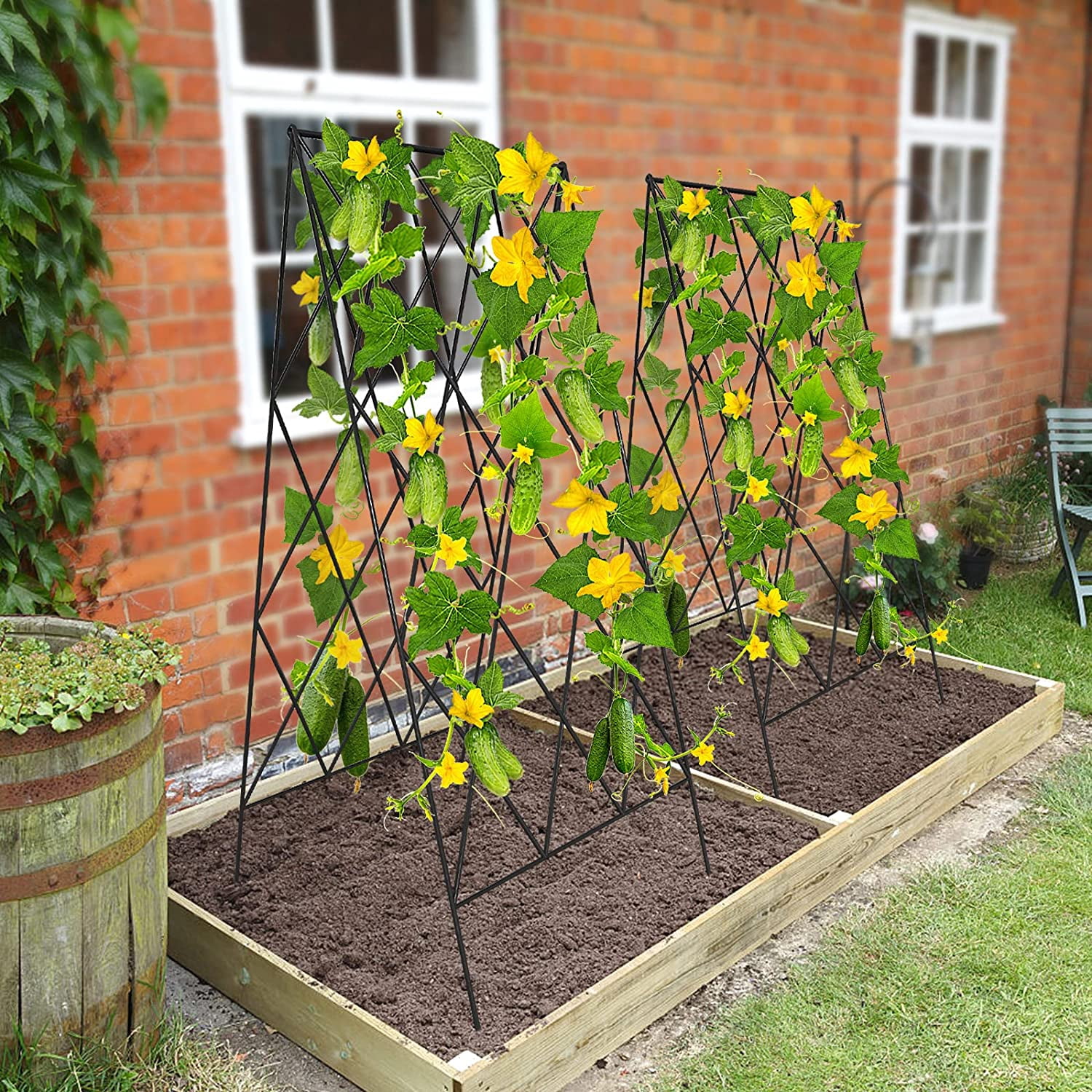 Cucumber Trellis, 2 Pack Metal Foldable A Frame Garden Trellis for Raised Bed Climbing Plants, Vegetables, Includes Plant Support Clips, Twist Ties, Plastic Ties, A Frame Trellis, Black