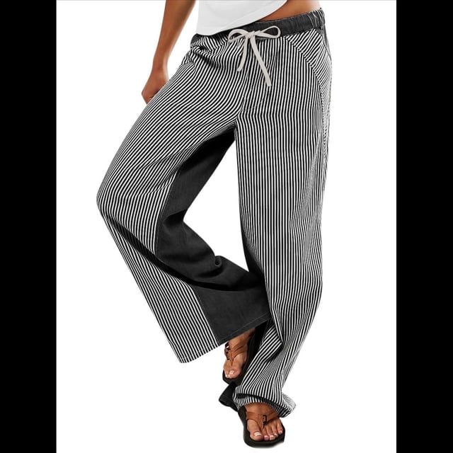 Pantalones de Rayas de Tiro Bajo para Mujer, Vaqueros Bohemios de Pierna con Cordón Ajustable, Tendencia 2025 Negro XL