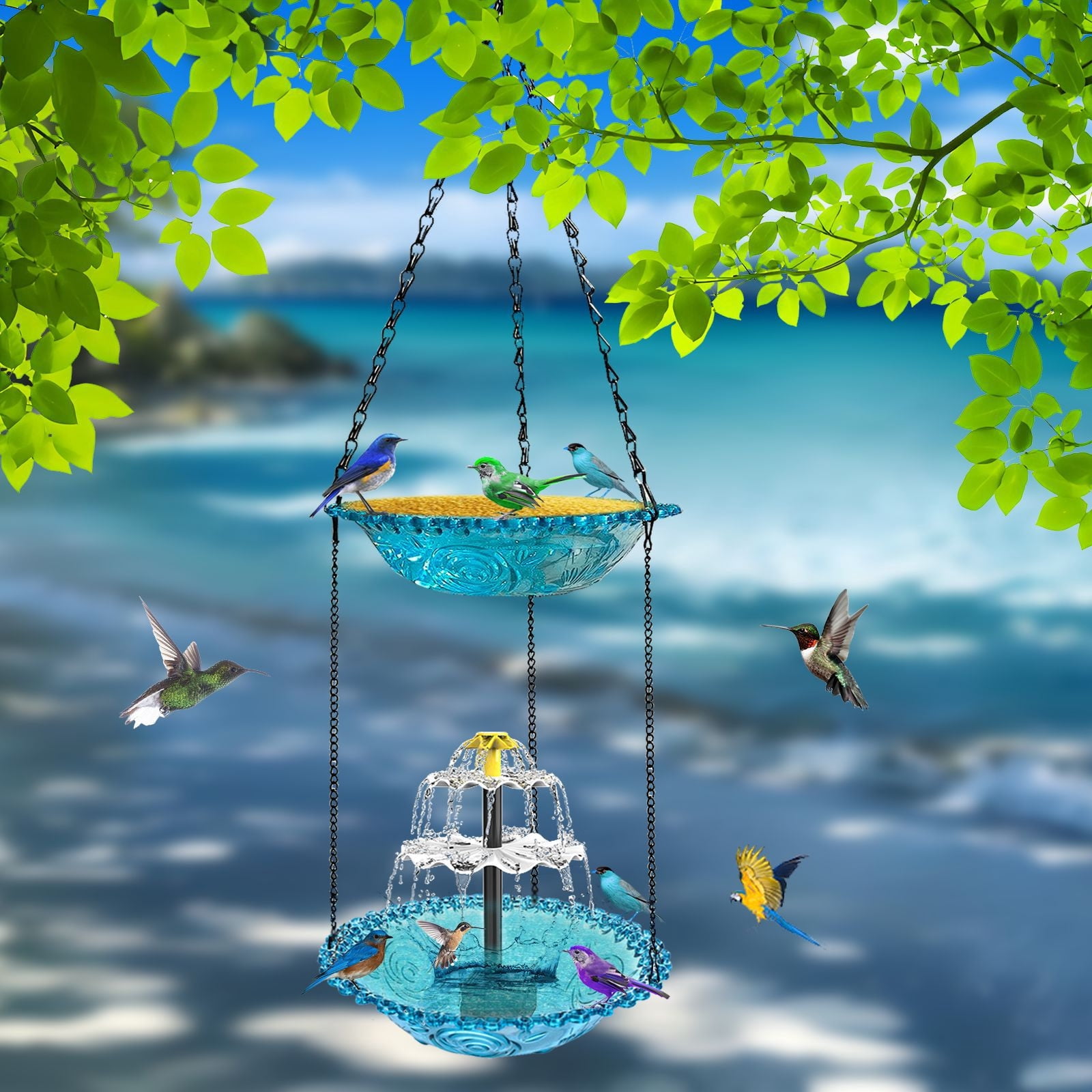 2026 New Solar Cascade Hanging Bird Bath Fountain, Solar Bird Bath Fountains, Hummingbird Water Fountain with Solars Pump & Glass Bowl for Garden Yard Patio Backyard Decoration