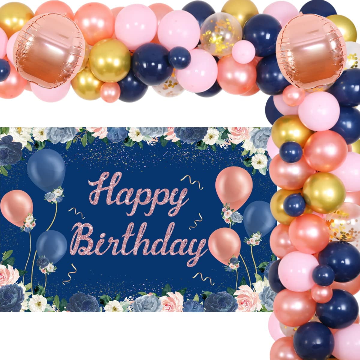 Navy Blue and Rose Gold Birthday Decorations - Girls Women Birthday Party Decorations with Pink Navy Blue Birthday Confetti Balloons Kit, Unique Design Navy Blue Happy Birthday Backdrop