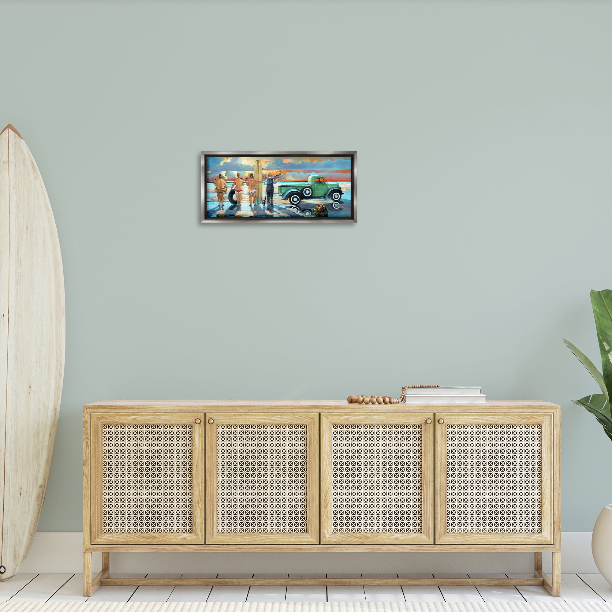 Stupell Industries Butler Serving Beach Girls Scene Nature Painting Gray Floater Framed Canvas Art Print Wall Art, 25 x 11