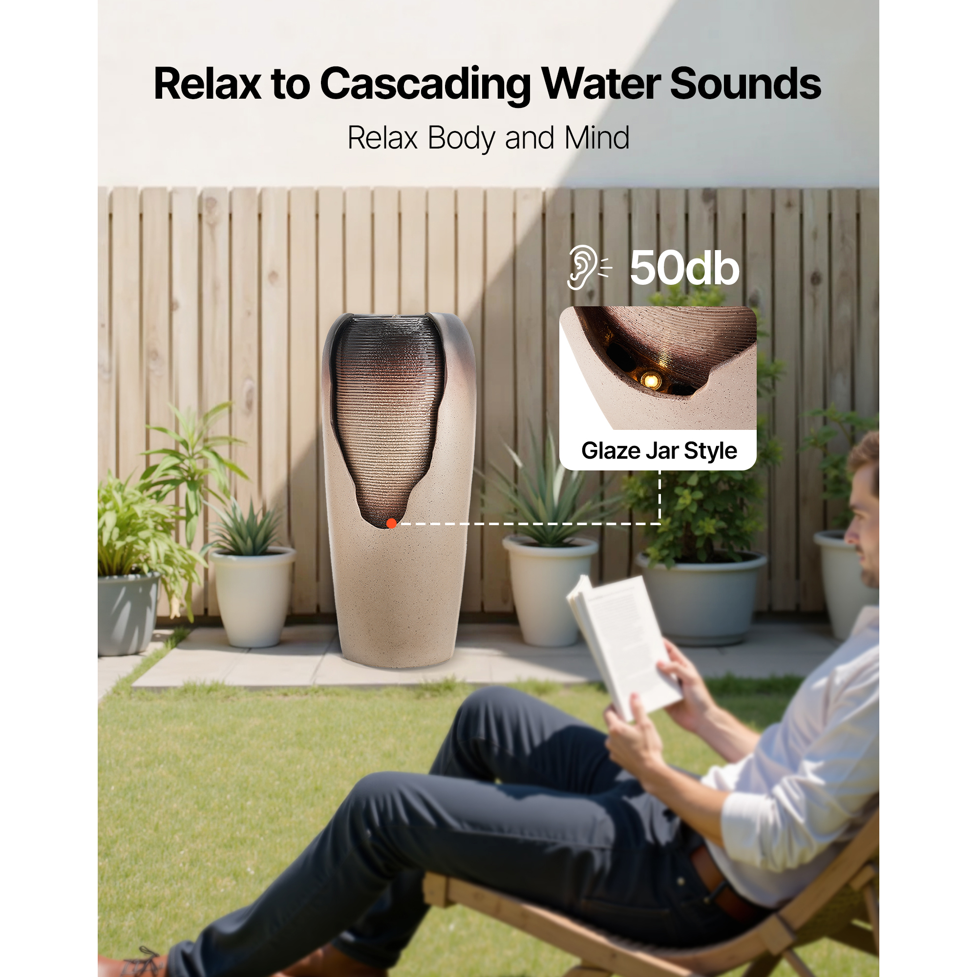 KFFKFF Outdoor Water Fountain, 30.71-Inch Tall Glazed Jar Design with LED Light and Pump, 1-Tier Floor Standing Fountain for Garden, Patio, Yard, Home, or Indoor Spaces (Coffee)