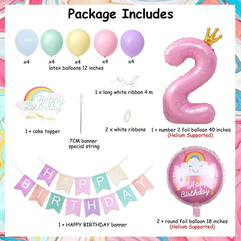 2nd Birthday Decorations for Girls Pastel, Pastel Birthday Decorations with  Macaron Birthday Banner Balloons 40 Number 2 Foil Balloon Rainbow Cake  Topper for Two Sweet Party Supplies 