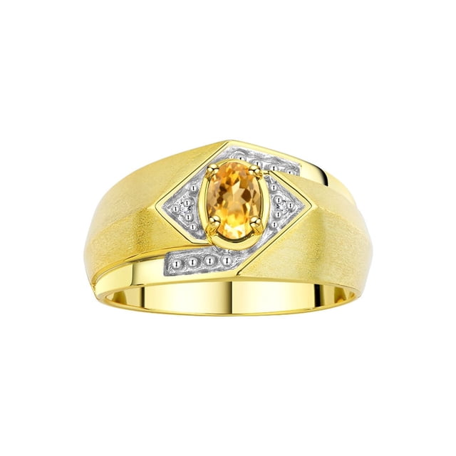 RYLOS Mens Rings 14K Yellow Gold Ring 6X4MM Oval Shape Gemstone & Diamond Ring Citrine November Birthstone Rings For Man Gold Rings Size 8