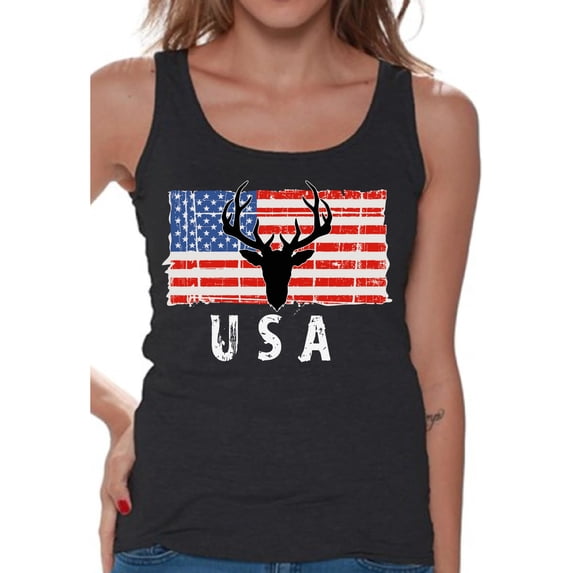 Awkward Styles Hunting Deer USA Women Tank Top Independence Day Hunting Women Shirt Free to Be Me USA Flag Tank for Women One Nation Vintage USA Women Top Gifts for Women USA Shirts for Women