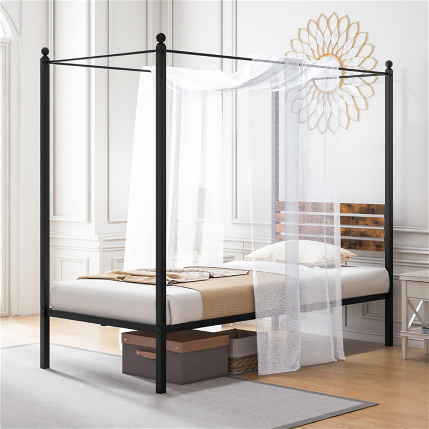 Demi Bonn Twin Size Canopy Metal Platform Bed Frame with Under Bed Storage, Steel Slat Support, No Box Spring Needed, Black
