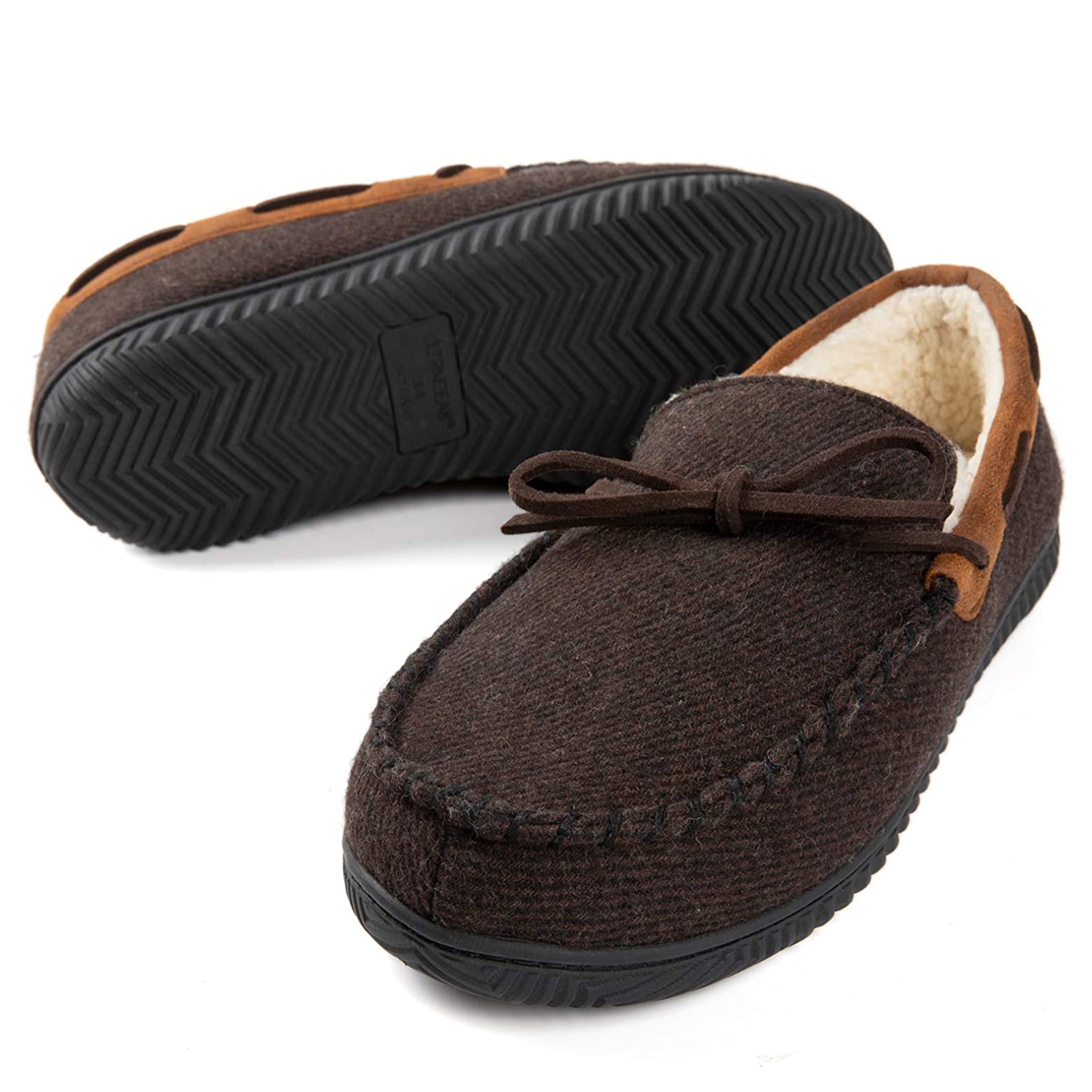Mens Moccasin Slippers for Men House Indoor Shoes with Red Plaid and Anti Slip Rubber Sole