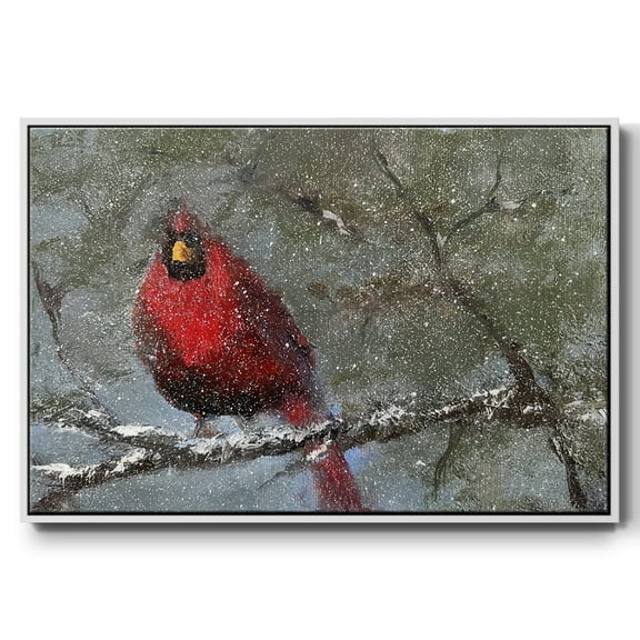 Cardinal in Snow I - Framed Gallery Wrapped Holiday Canvas - 17 x 25 - White Frame