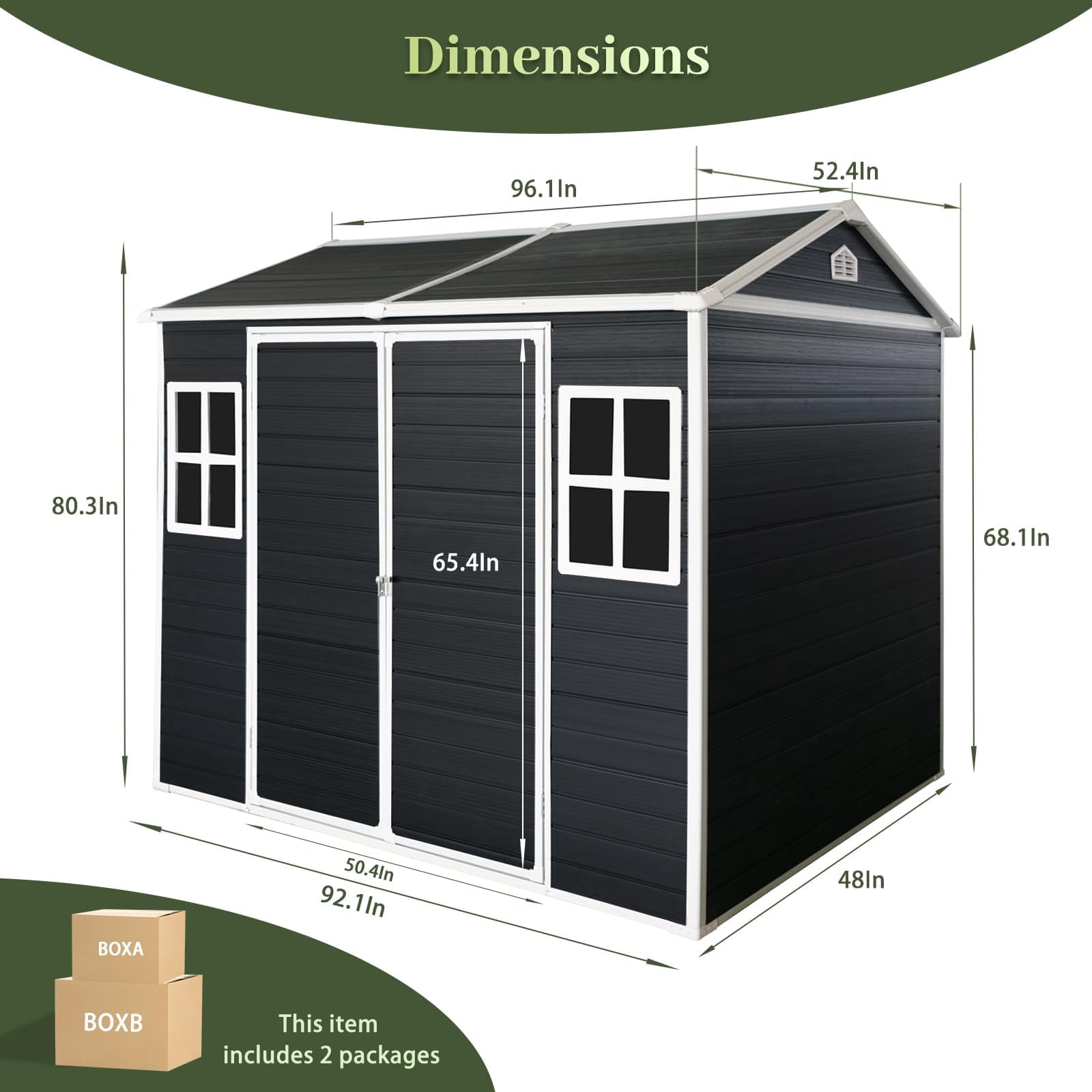 8x4 FT Resin Shed with Floor Included, Plastic Sheds & Outdoor Storage Clearance with 2 Windows and Lockable Door for Backyard, Bike, Garden Tools (Black)