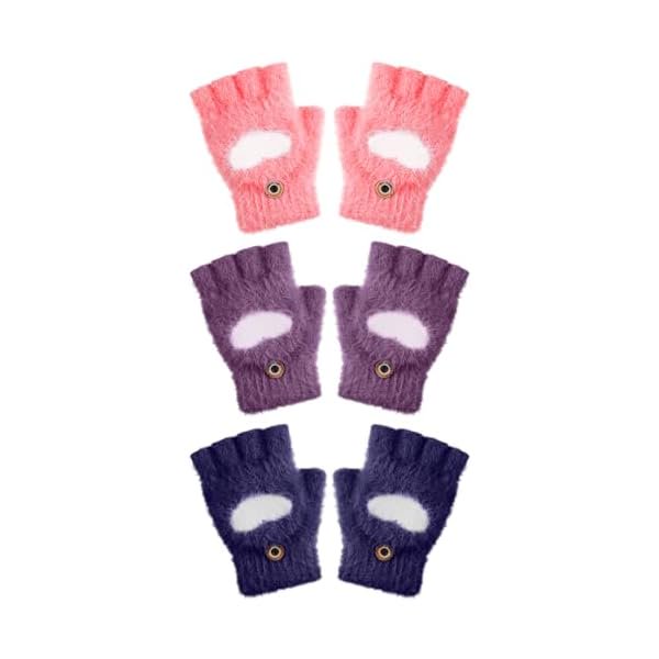 wonima44 Geyoga 3 Pair Heart Fingerless Gloves Convertible Flip Top Gloves Winter Half Finger Mitten for Boy Girl 5-10 Year