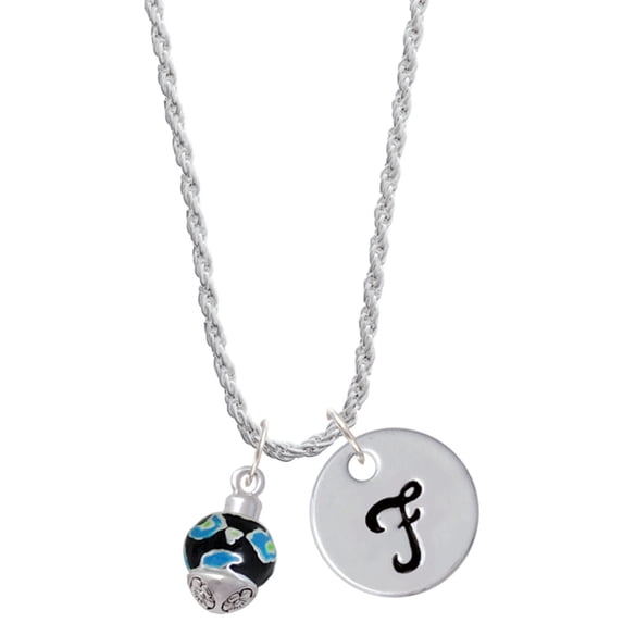 Delight Jewelry Silvertone Wide Hot Blue Cheetah Print Band Spinner Silvertone Script Initial Disc - F - Charm Necklace, 20"+3"