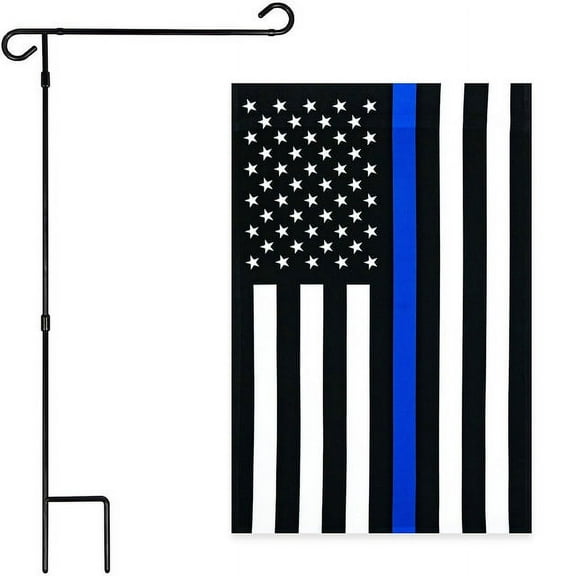 G128 Combo Pack: Garden Flag Stand Black 36x16IN & Garden Flag Thin Blue Line 12x18IN