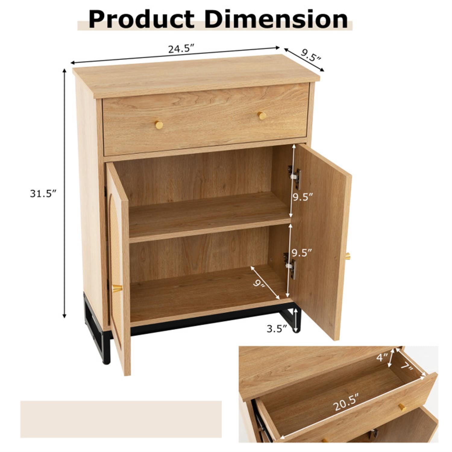 Demi Bonn Accent Floor Storage Cabinet with Rattan Doors, Bathroom Cabinet with Large Drawer, Freestanding Storage Cabinet Organizer, Beige