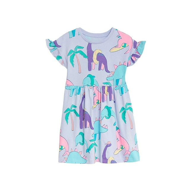 MIASHUI Robe Décontractée à Manches Courtes pour Filles, Col Rond, Ligne A, Dessin Animé, Bleu Clair, 4-5 Ans