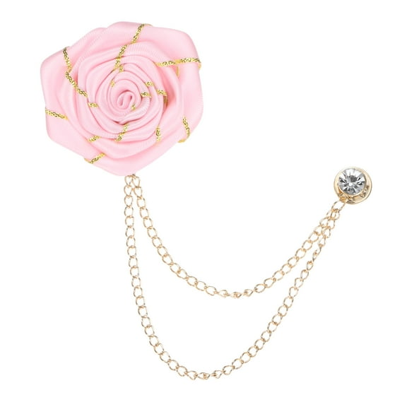 Uxcell Rose Flower Brooch Pin for Men Suit, Cloth Flower Lapel Pin with Gold Badge Tassel Chain Brooches for Wedding[Pink]