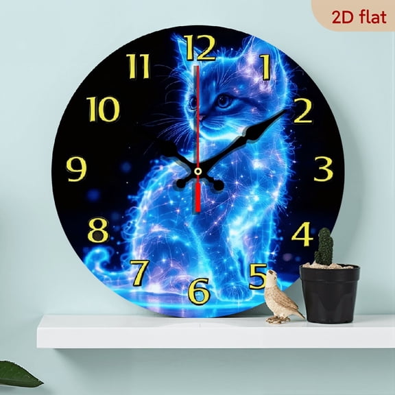 A 10-inch 2D flat "Fluorescent Cat" series wooden wall clock with silent function. It is an ideal choice for home and kitchen decoration, and also suitable as a festive decoration.