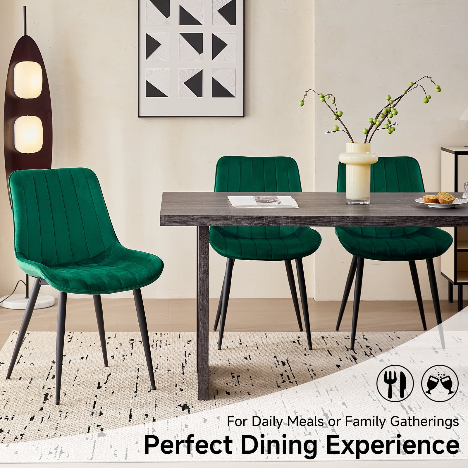 Velvet Dining Chairs Set of 2, Modern Upholstered Armless Kitchen Chair with Metal Legs for Bedroom Living Waiting Room, Green