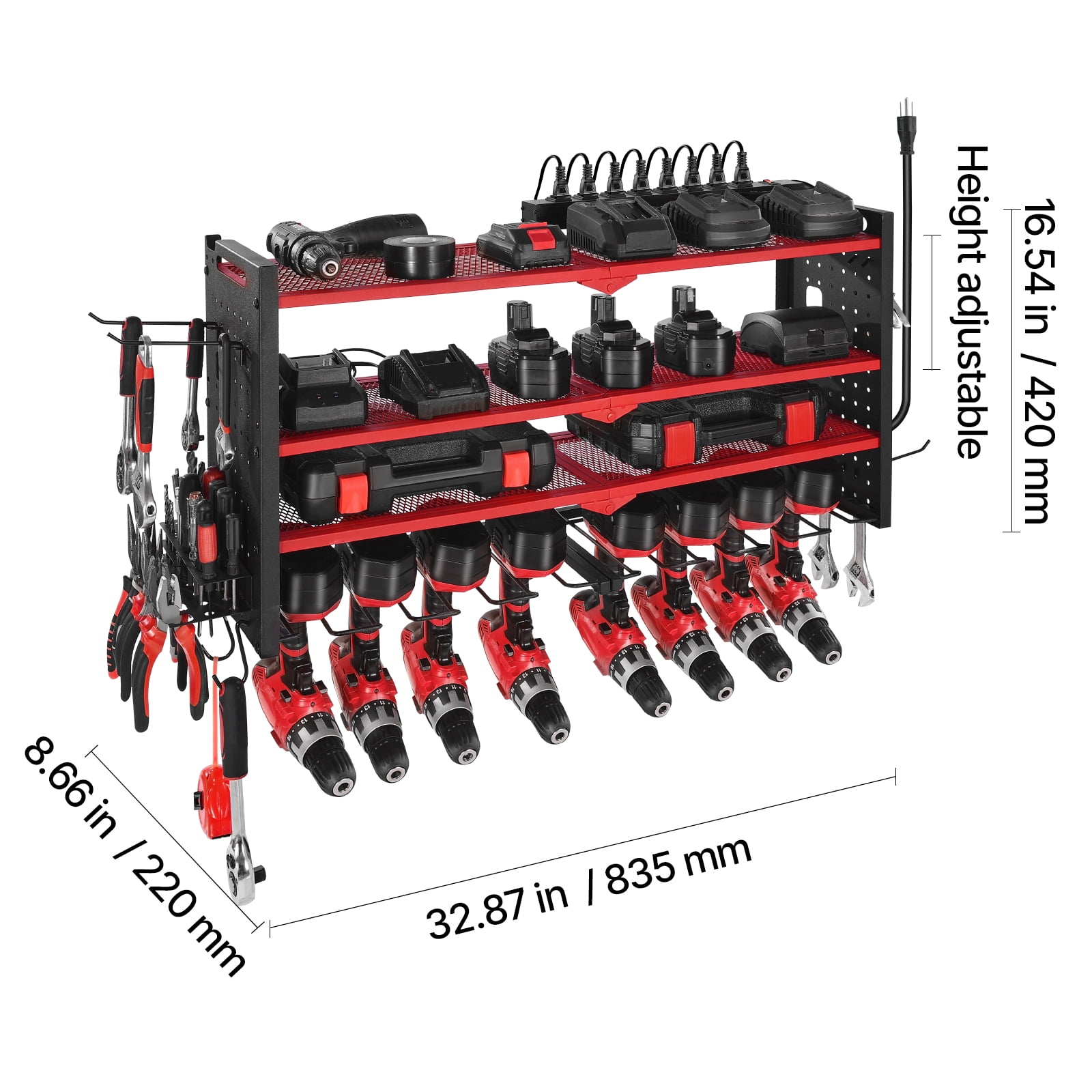KFFKFF Power Tool Organizer with Charging Station, 3-Tier Drill Storage Rack with 4 Drill Slots & Side Pegboard, Garage Tool Rack with 8-Outlet Power Strip for Garage, Workbench, and Workshop
