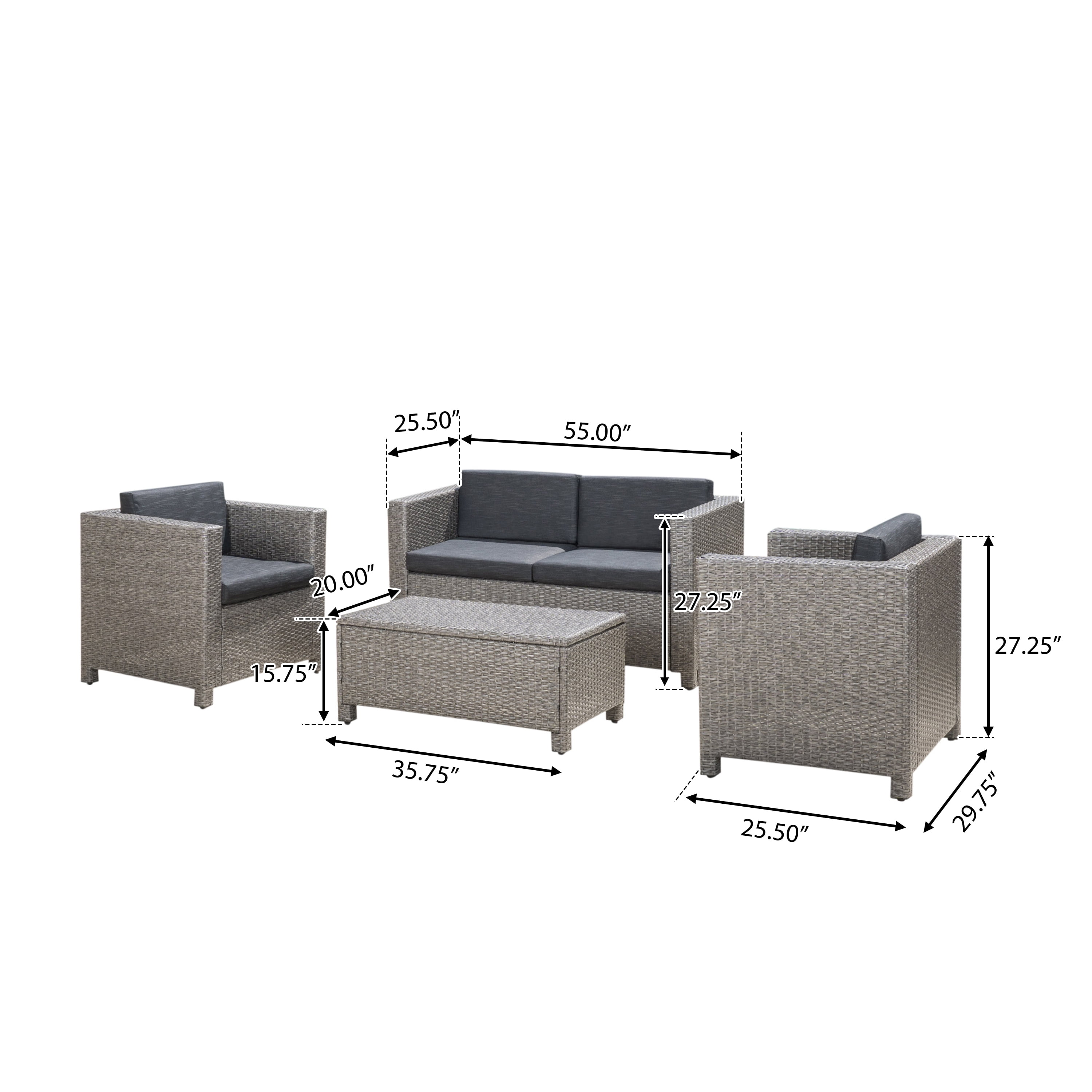 Outdoor Sofa Set 4 Piece, Patio Furniture Set, Wicker Sofa Set with Loveseat 2 Chairs Table, All-Weather PE Rattan and Water-Resistant Cushions, Modern Outdoor Seating, Black