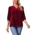 thumbnail image 1 of INSPIRAR CHIC Blusas de Terciopelo para Mujeres con Cuello en V y Manga 3/4, Tendencia Casual de Otoño Invierno, Blusa Suelta, Camiseta L Color Rojo Vino, 1 of 6