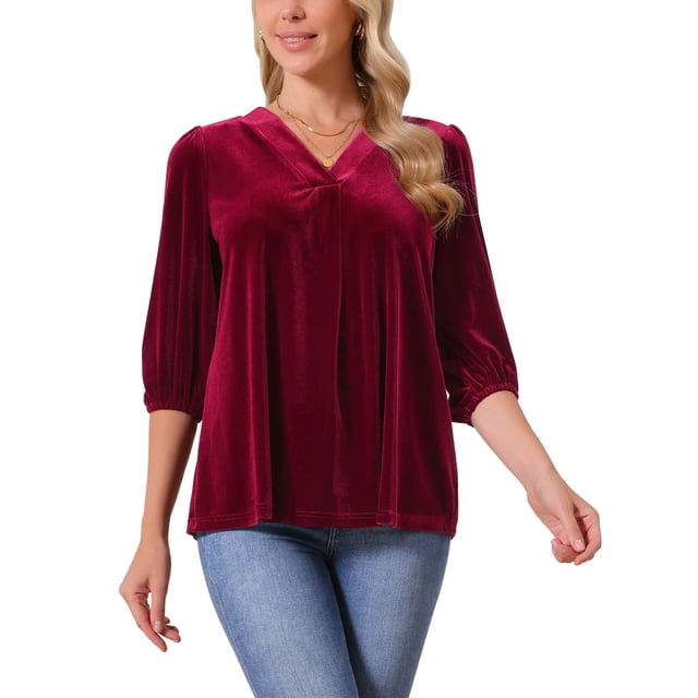INSPIRAR CHIC Blusas de Terciopelo para Mujeres con Cuello en V y Manga 3/4, Tendencia Casual de Otoño Invierno, Blusa Suelta, Camiseta L Color Rojo Vino