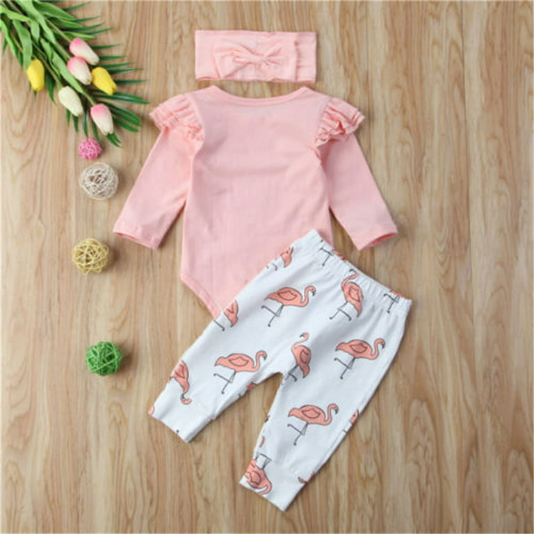 Izhansean 3PCS Set Newborn Baby Kids Girl Clothes Romper Shirt  Tops+Flamingo Pants Outfit White 3-6 Months
