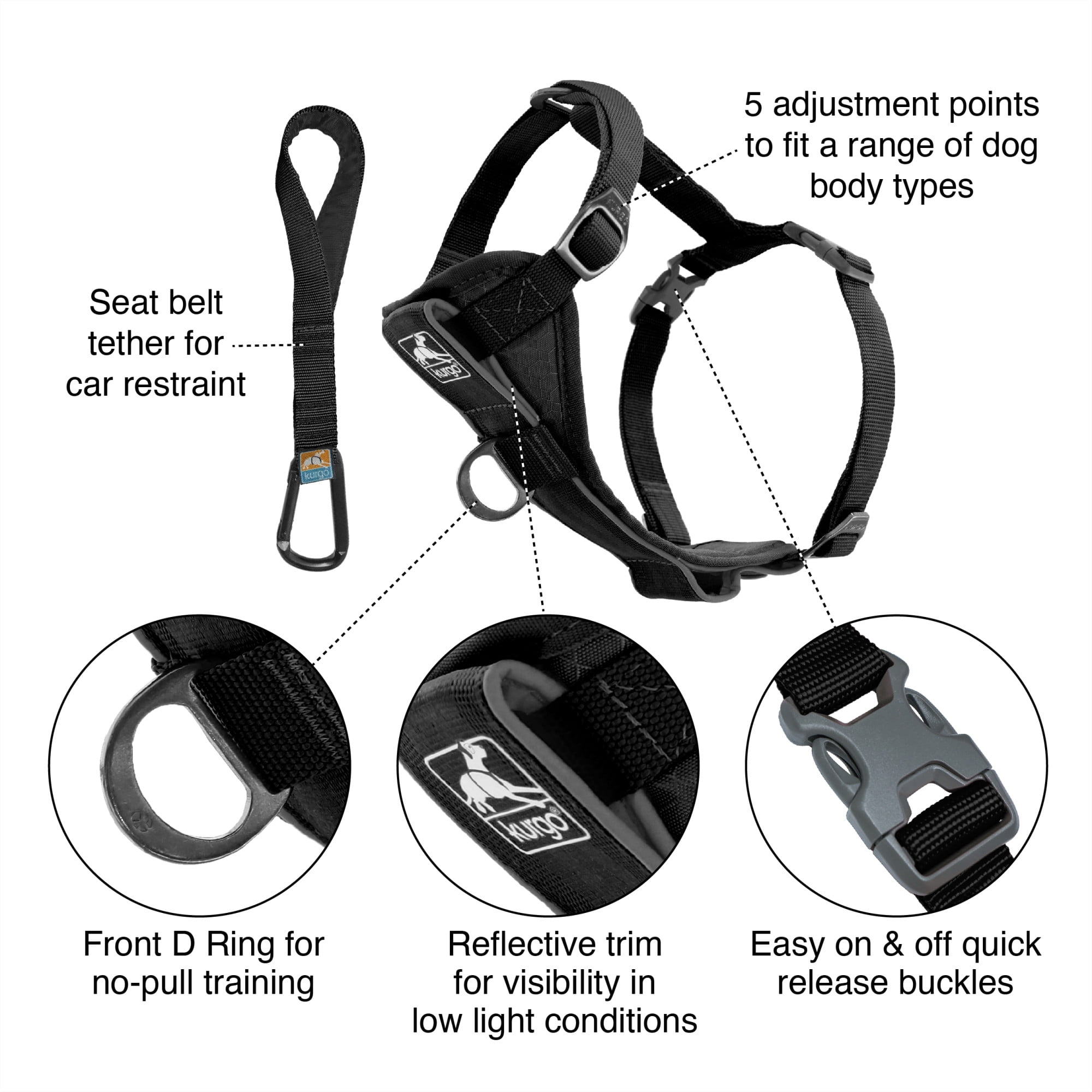 Kurgo Tru-Fit Smart Harness, Front D-Ring for No Pull Training, Includes Dog Seat Belt Tether, Black, Small