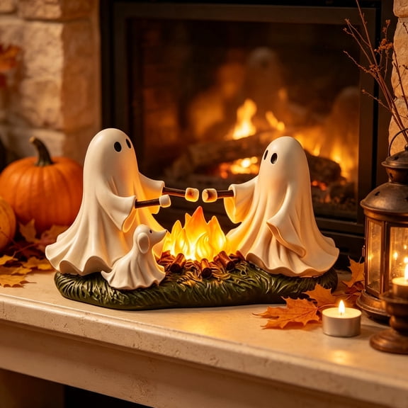 Halloween Ghost Campfire Lamp Ghost Roasting Marshmallows LED Figurine 6.30IN Hand-Painted Resin Halloween Ornament for Dining Table Bookshelf Home Office Decorations