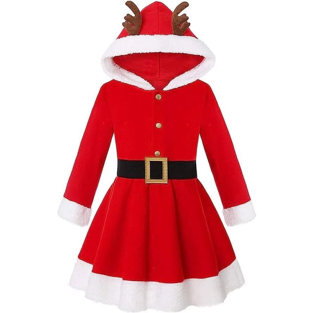 Disfraz con capucha de alce de Navidad para niñas pequeñas, vestido de princesa de manga larga de Papá Noel rojo con cinturón y sombrero, chal, trajes de Navidad