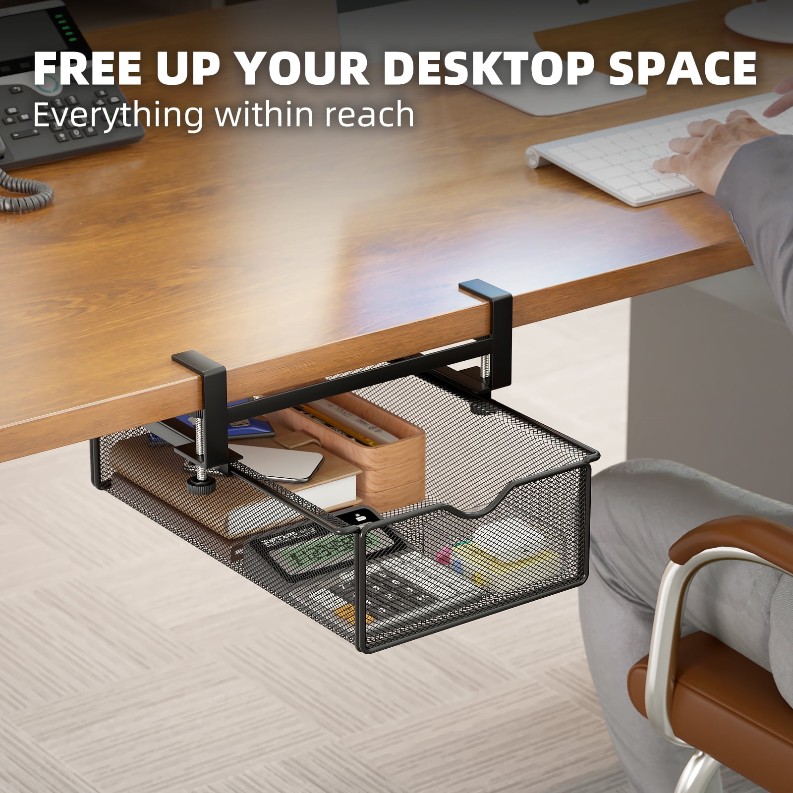 Mintazer Under Desk Organizer Clamp-On Metal Large Under Table Storage Slide Out Caddy Drawer for Home & Office, Black