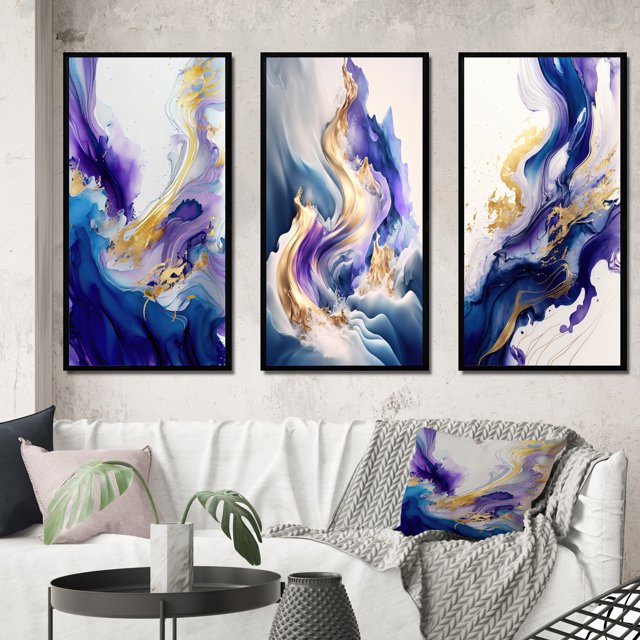 Designart "Blue and Gold Splatter II" Modern Framed Wall Art Set Of 3 - Blue Abstract Spirals Frame Canvas Set For Living Room Decor