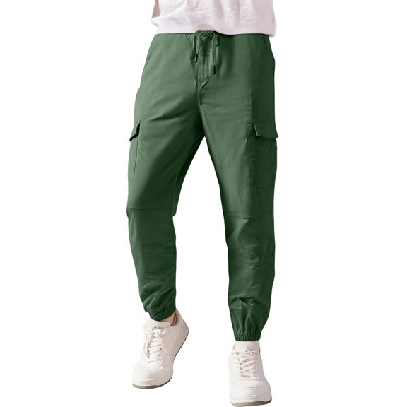 Men Jogger Pants Drawstring Waist Relaxed Fit Tapered Leg Cargo Style Elastic Cuffs Multiple Pockets Design