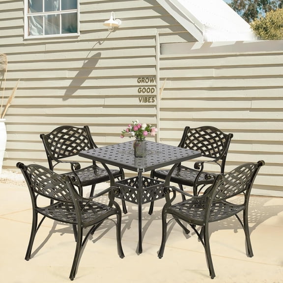 W WARMHOL 5-Piece Outdoor Patio Dining Set, All-Weather Cast Aluminum Patio Furniture Set for Backyard Garden Deck with 4 Chairs and 30.3" Square Table, 2.2" Umbrella Hole