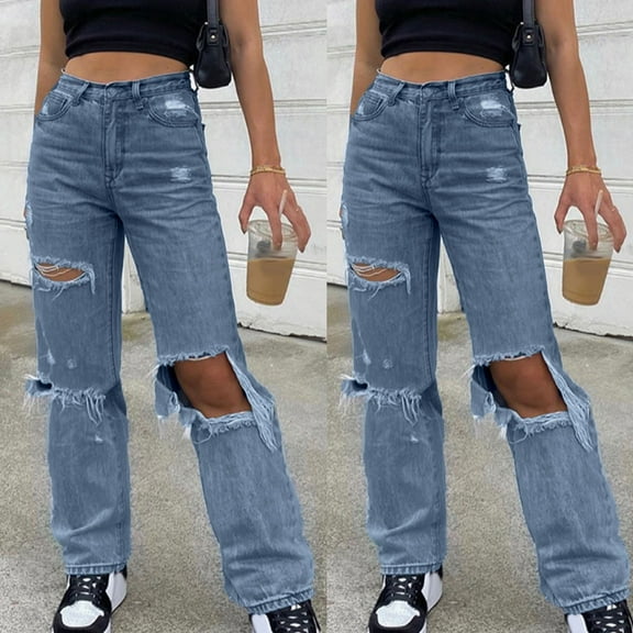 CALAFEBILA Boot Cut Jeans for Woman Fashion Full-Length High Waist Jeans for Women Baggy Ripped Jeans Denim Pants Relaxed Fit Jeans for Teens 2025