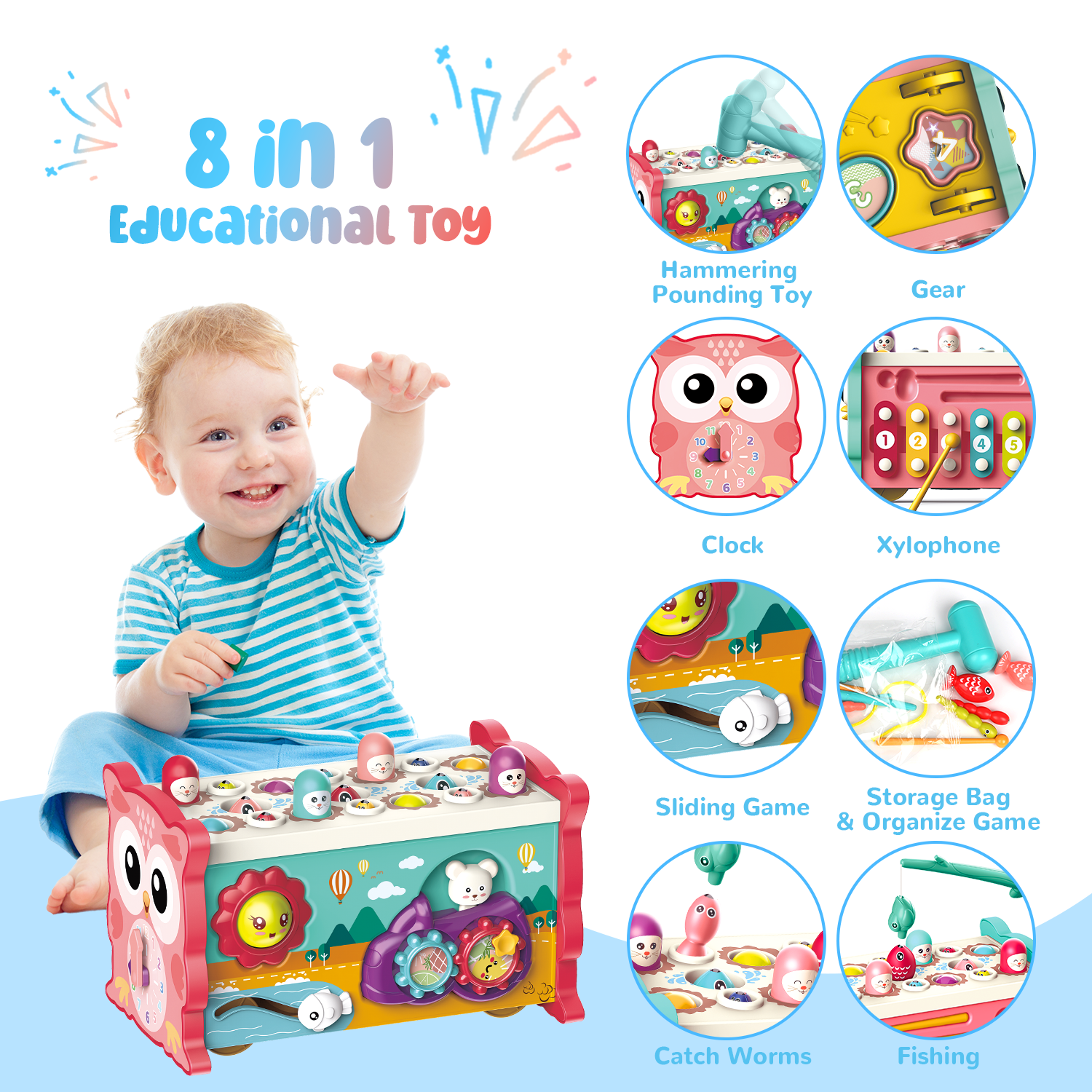 Flooyes Montessori Toys for 1 Year Old,Whack-A-Mole Hammering Pounding Toys with Pounding Bench, Fishing, Xylophone, Montessori Musical Toys for Toddlers 1 - 3 Years Old (Red)