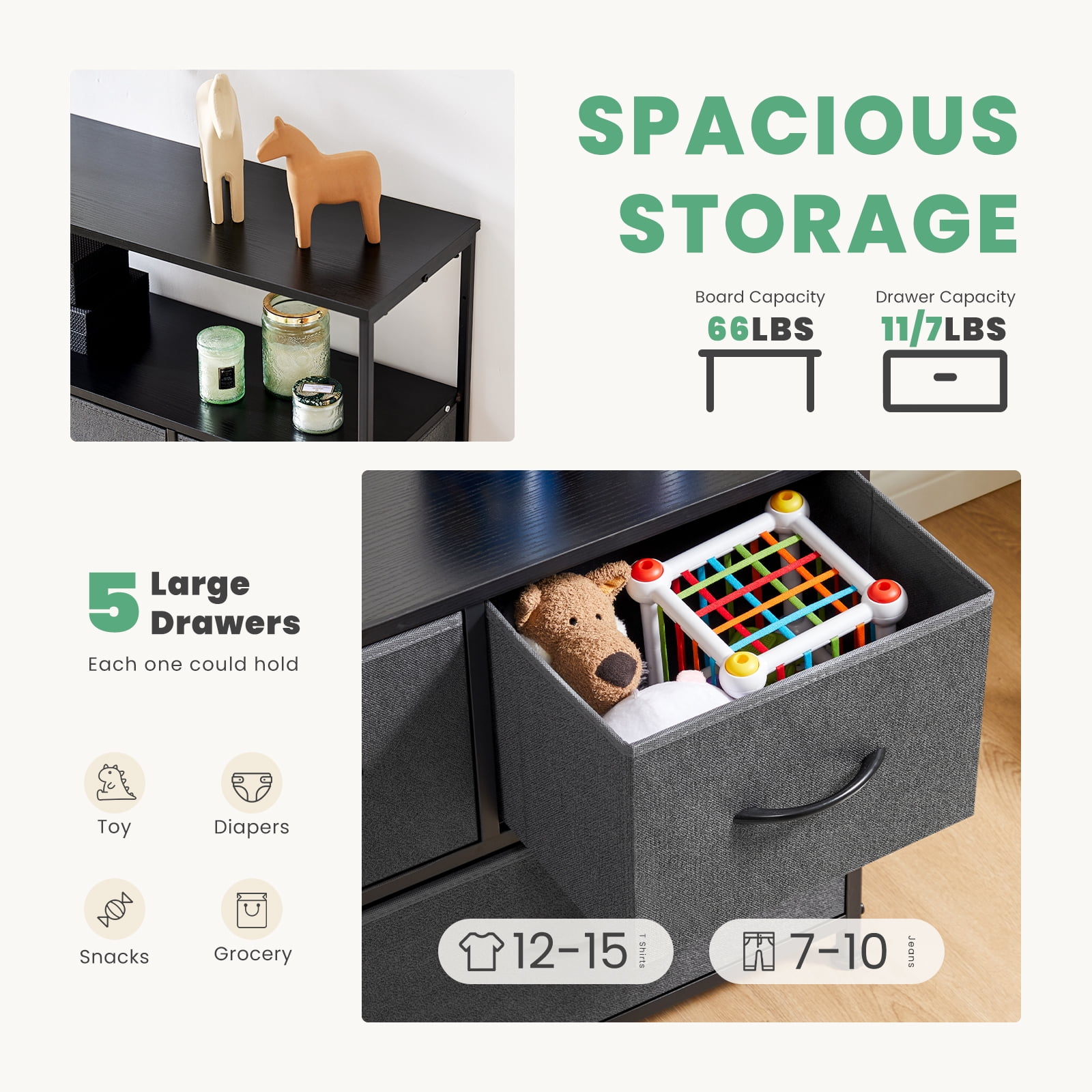 MAYEERTY TV Stand with Fabric Storage, Tower Storage Cabinet Dresser & Chest of 5 Drawers Organizer, Gray